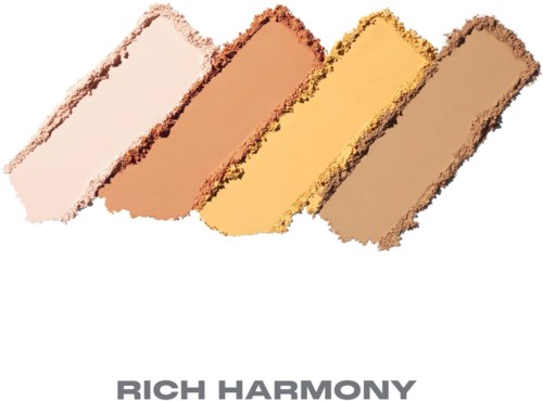Prøver av fire skimrende sminke farger: lyse rosa, bronse, gull og tan, arrangert diagonalt med etiketten Rich Harmony.