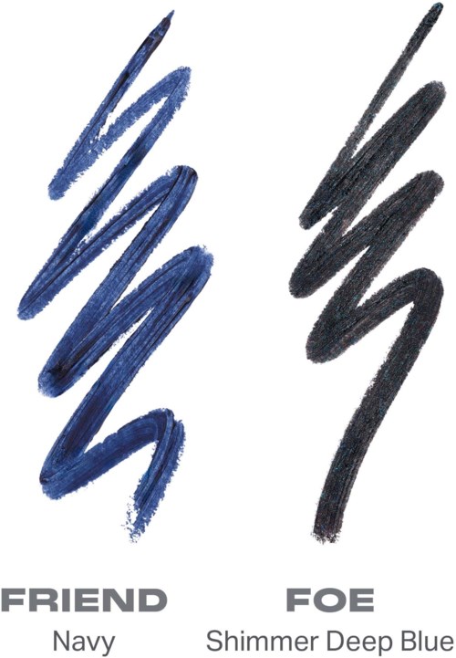 Två skissar, en navy och en shimmer deep blue, delar ordet vän och fiende.