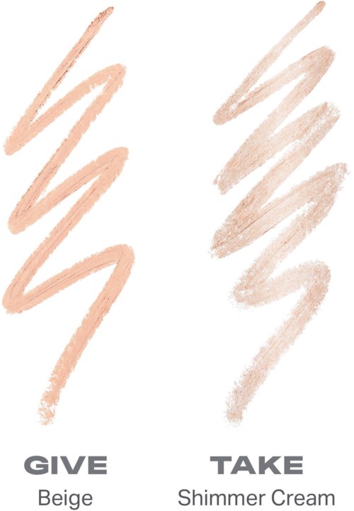 Två färgprover i beige och skimrande krämfärger med etiketter för att ge och ta.