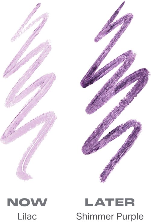 Bilden visar makeupprover märkta nu och senare, med lilafärgat för nu och glitterlila för senare.