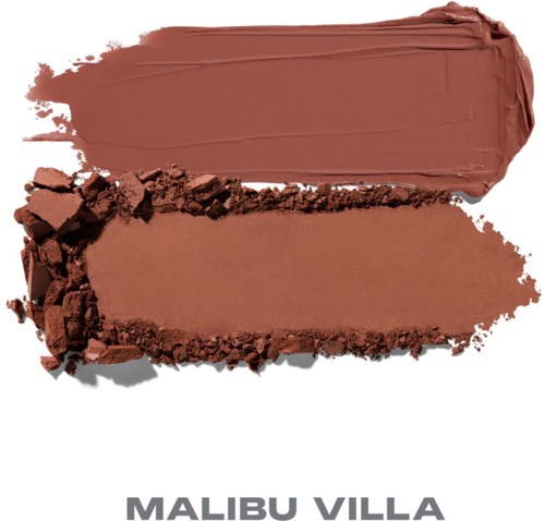 Två nyanser av brunt makeup, en krämig och slät, den andra pulveraktig och krossad, med texten Malibu Villa nedanför.