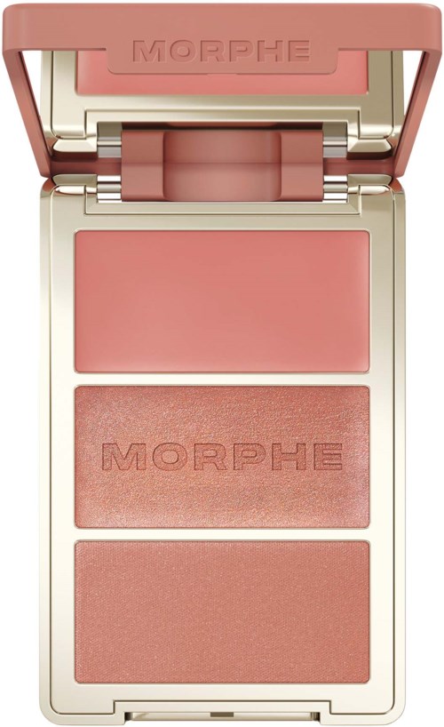 En makeuppalett med tre nyanser av rosa och en spegel, märkt MORPHE.