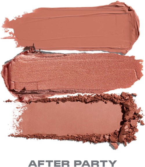 Tre drag av blush eller läppstift i rosa nyanser med orden After Party nedanför.
