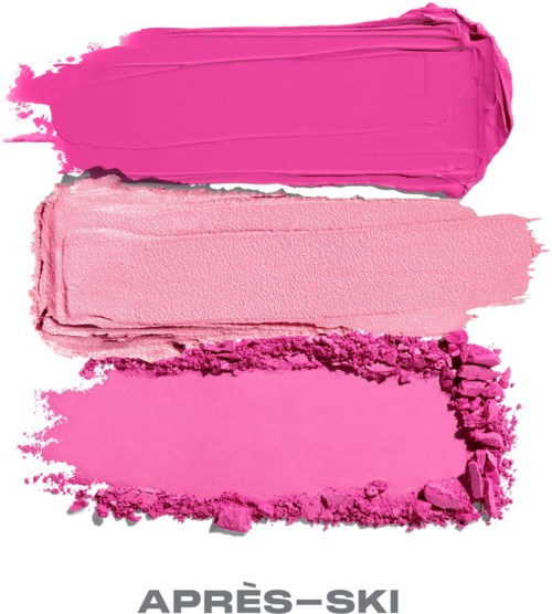 Tre nyanser av rosa makeupsvalningar, från ljus till mjuk, med en grov textur längst ner. -- APRÈS-SKI.