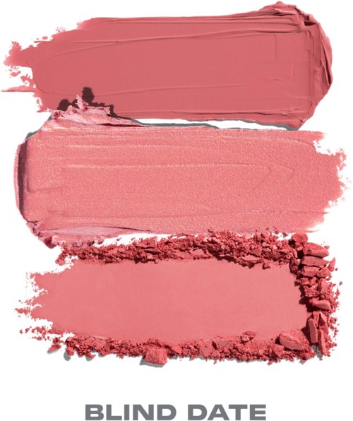 Tre nyanser av rosa makeupprov på rad med texten BLIND DATE under.