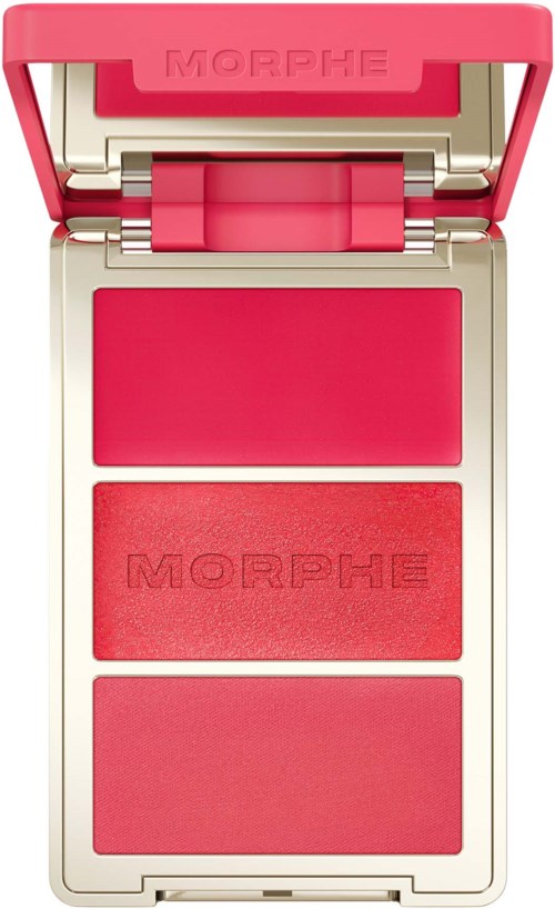En liten makeuppalett med tre rosa nyanser och en spegel, märkt med namnet Morphe.
