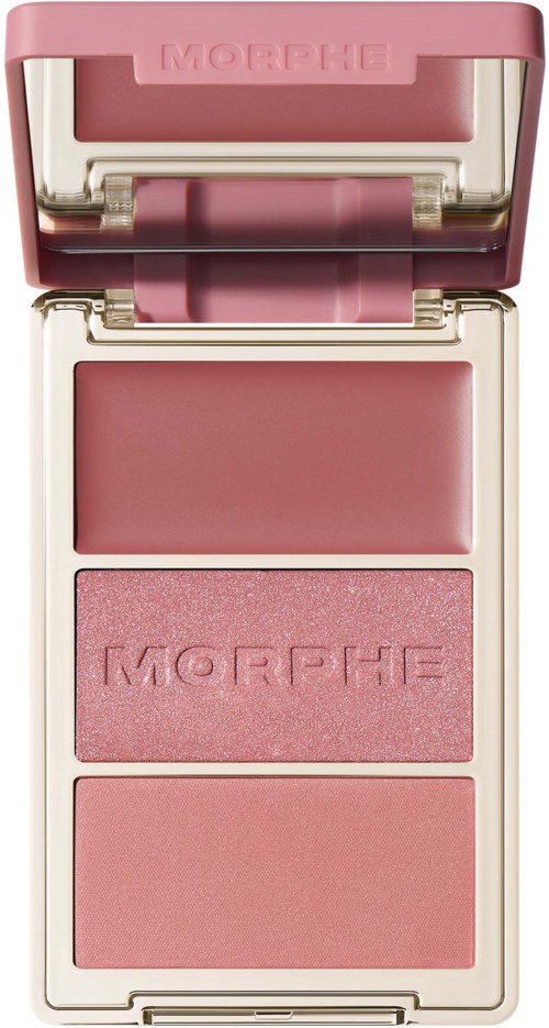A pink makeup palette with three shades of blush, labeled Morphe, in a compact with a mirror.