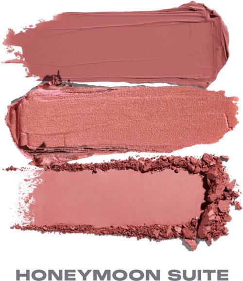Three different shades of pink makeup swatches with textured, uneven edges and a matte finish.