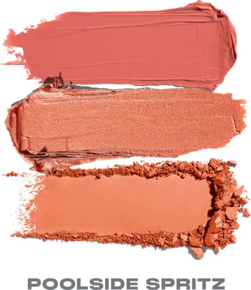 Three shades of peach-colored makeup swatches, from bright to matte, with a crushed powder edge at the bottom.