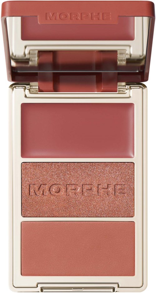 Ein Make-up-Palette mit drei pinkfarbenen Tönen, eines matt, eines schimmernd und eines dunkler. Der Deckel sagt MORPHE.