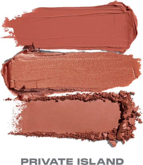 Drei Farbstriche von Make-up in verschiedenen Texturen, von cremig bis pudrig, mit dem Text Private Island darunter.