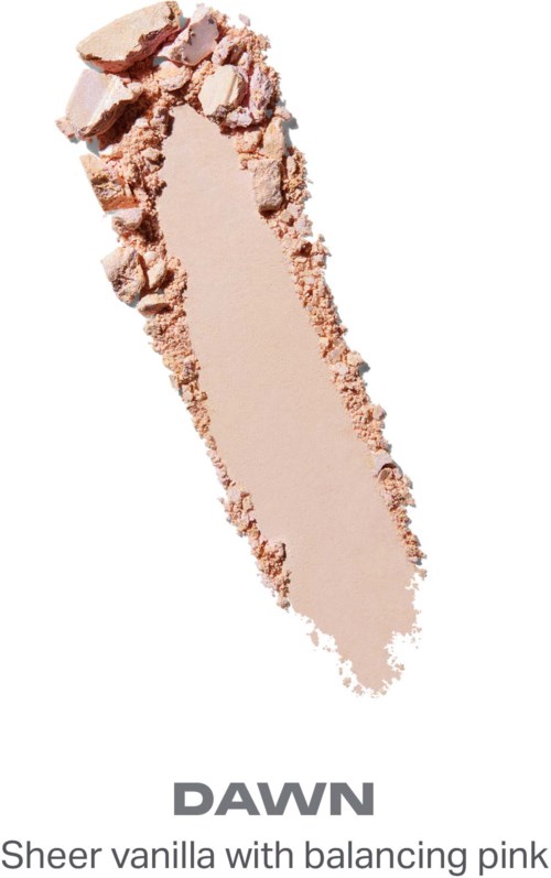 En beige och rosa pulvermakup är utbredd, märkt Dawn, med genomskinlighet och en ljus rosa ton.