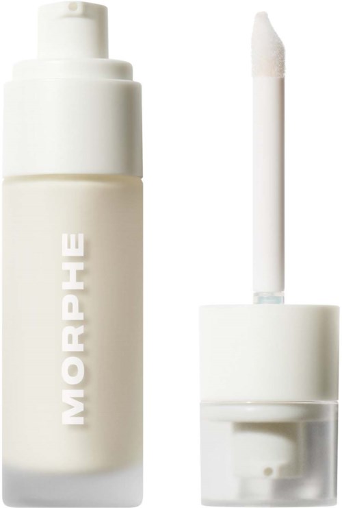 En hvit flytende leppglans med en applikator og en hvit flaske merket Morphe.
