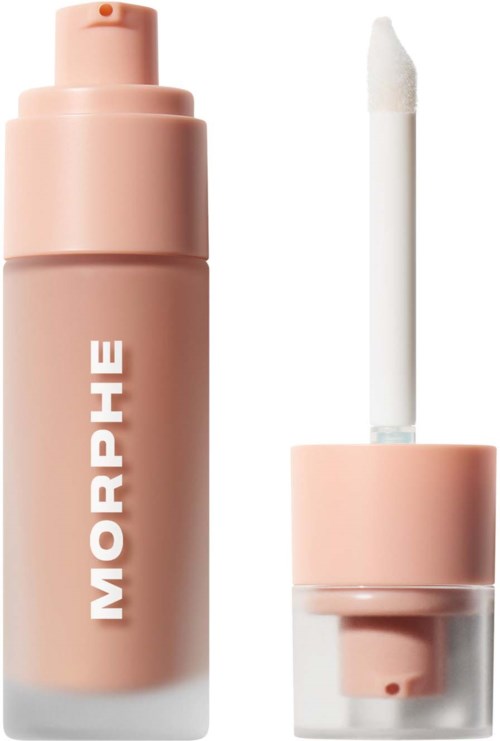 En rosa tube med Morphie concealerekspander med påføringsapplikator ved siden av.