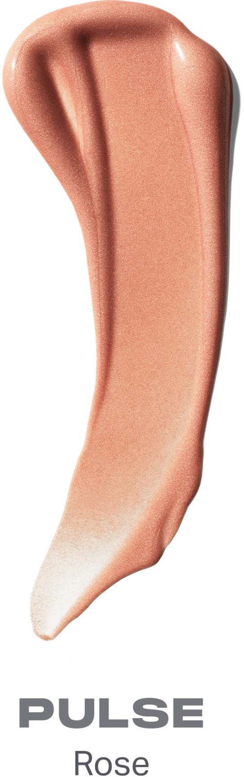 En prøve av rosa farget væske makeup med perlemorsglans, formet som en bøyd strek på hvit bakgrunn.