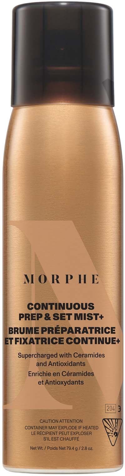 En guld sprayflaska med svart lock, märkt Morphe continuous prep and set mist med information om ingredienser.
