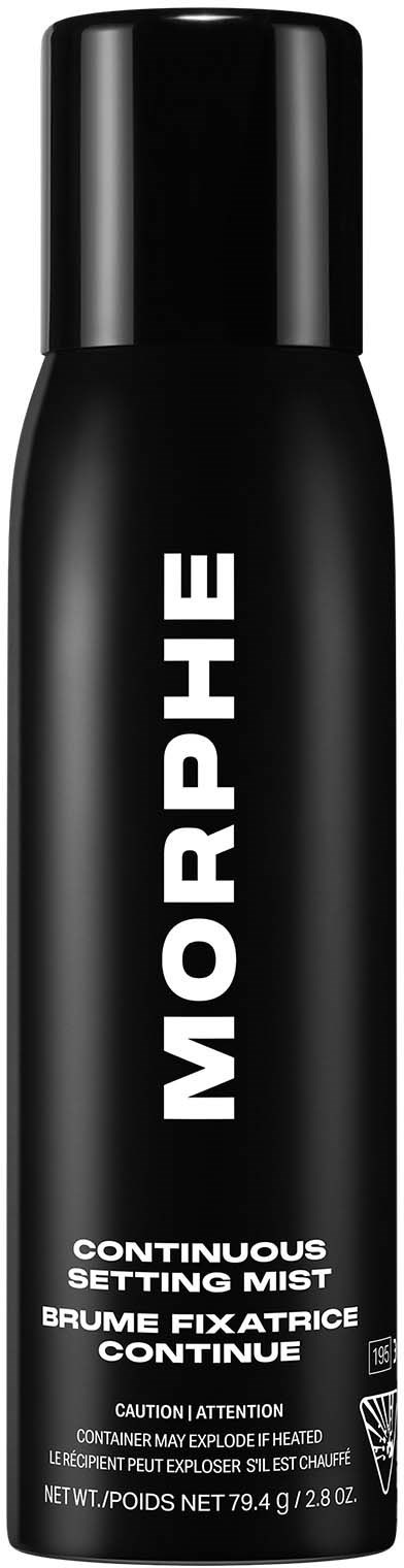 En svart sprayflaska med vitt text som säger Morphe, Continuous Setting Mist och andra detaljer.