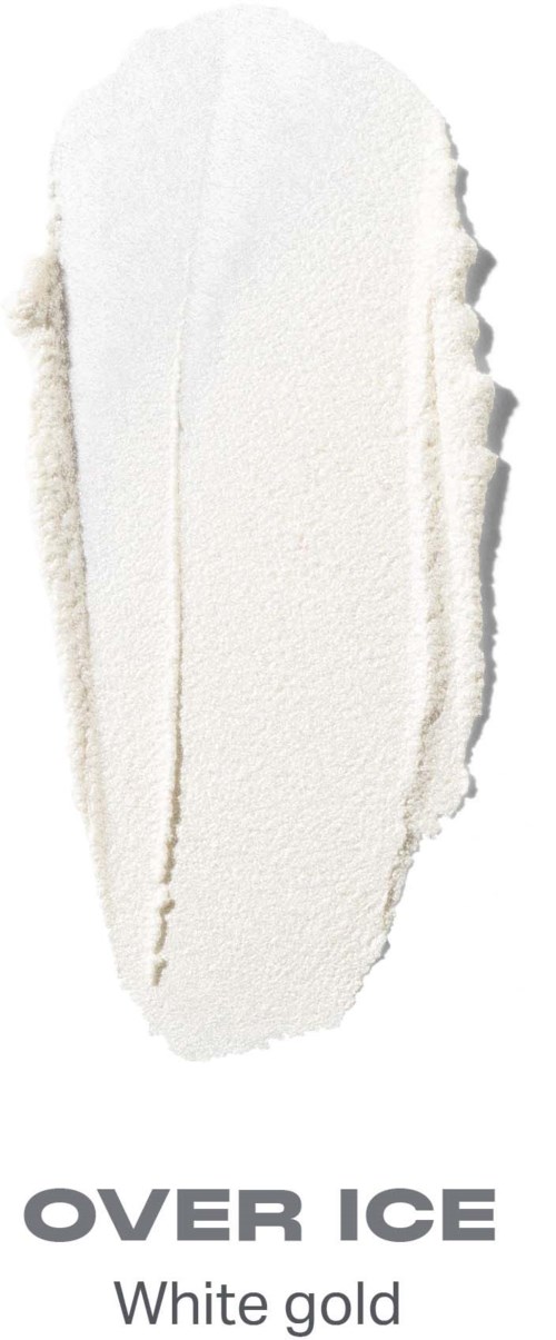 En vit, krämig substans formad som en tår med rivna kanter och orden OVER ICE White gold längst ner.
