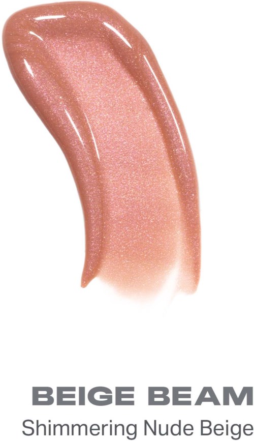 En provbit av glittrande naken-beige läppglans med en böjd applikatorform.