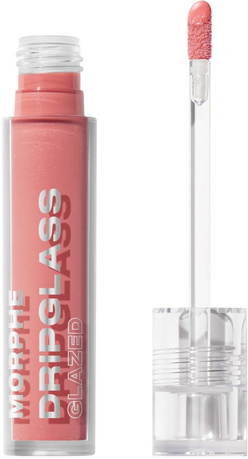 Pink läppglans med en tydlig appliceringsborste och en vit kork, märkt 'Gloss' i silver.