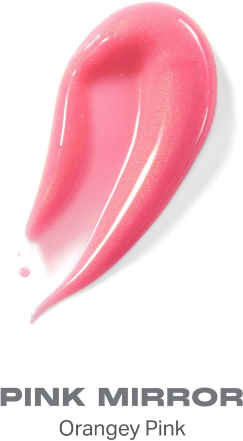 En rosa och glänsande läppglans eller läppstiftsprov, märkt Pink Mirror i orange rosa färg.
