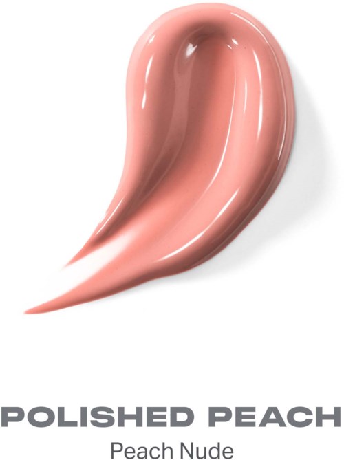 En slät, glänsande kosmetikprodukt i persikofärg med glänsande yta, märkt som Peach Nude.