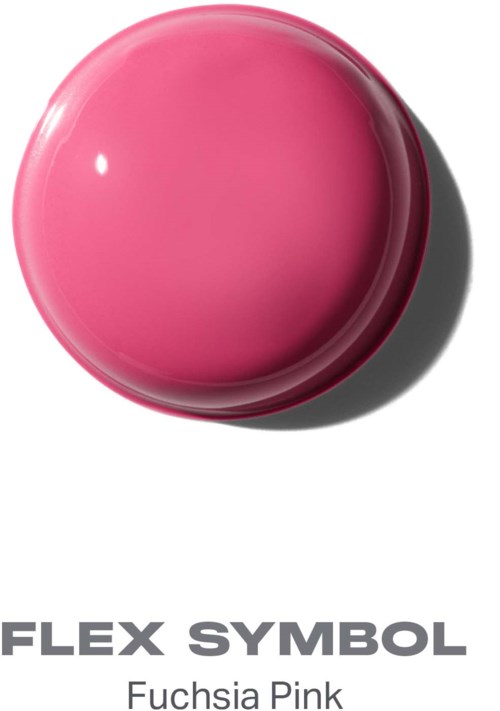 En stor rosa knapp med glänsande yta och skugga, märkt som Fuchsia Pink, med orden Flex Symbol nedanför.
