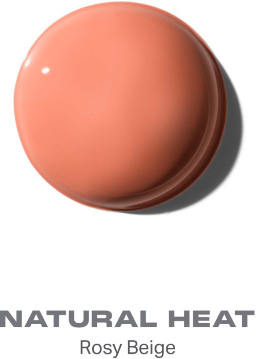 En rund, glansig beige makeupprodukt med skugga, med titeln Natural Heat Rosy Beige.