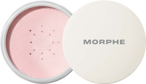 Rosa pulver inuti en rund behållare med vit lock märkt MORPHE.