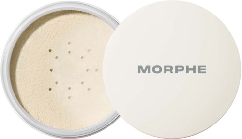En rund burk med löspuder för ansiktet som har ett vitt lock med texten MORPHE.
