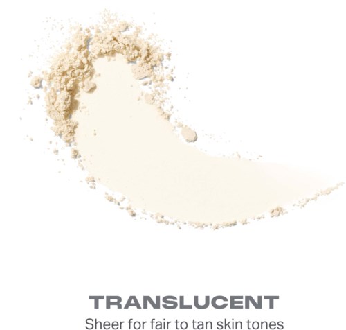 Ljus beige pulver utbredd i en halvmåneform, märkt Translucent för ljus till mörkare hudtoner.