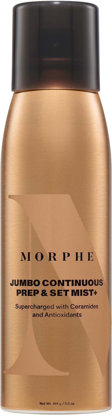 En guldfärgad sprayflaska med svart lock, märkt Morphe jumbo continuous prep och set mist+ för hudvård.