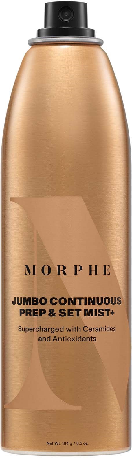 En lång, guldfärgad sprayflaska märkt Morphe Jumbo Continuous Prep & Set Mist med svart lock.