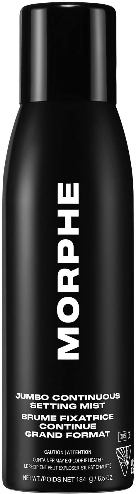 En svart sprayflaska med vit text som säger MORPHE, och beskriver den som en stor kontinuerlig inställningsmist.