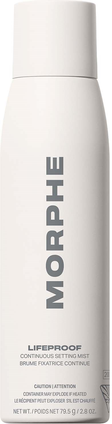 En vit sprayflaska märkt Morphe Lifereef. Den är för kontinuerlig inställningsmist. Varning för att trycka för hårt.