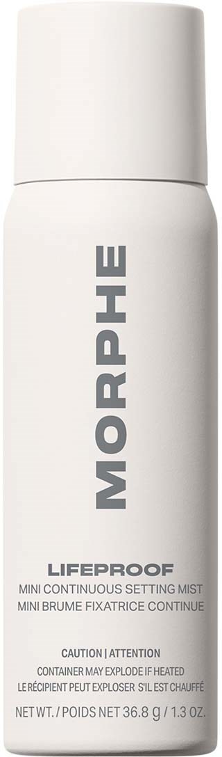 En vit sprayflaska märkt MORPHE LEFROOF MINI CONTINUOUS SETTING MIST med en enkel design och grå text.