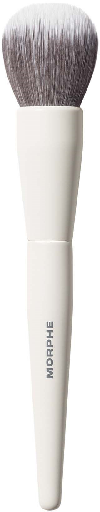 A white makeup brush with soft gray bristles and the word MOPHE written on the handle.