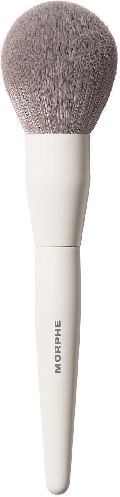 A white makeup brush with soft, gray bristles and the brand name Morphe on the handle.