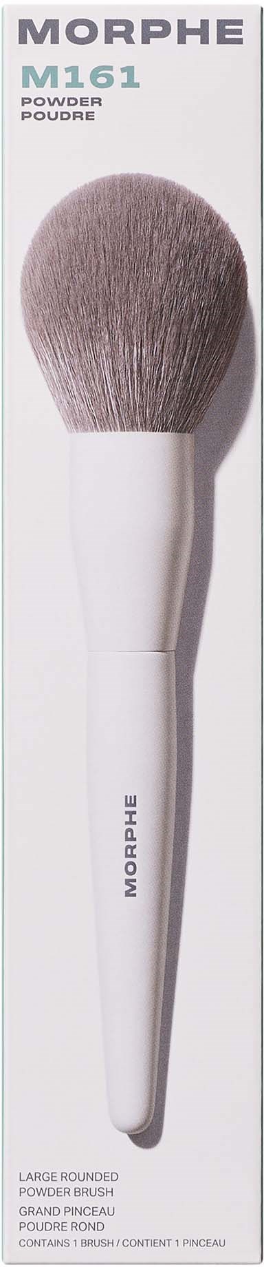 A large, rounded brush with a white handle and soft, fluffy bristles marketed as a powder brush.