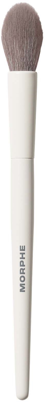 A white makeup brush with soft brown bristles and the brand name Morphe on it.