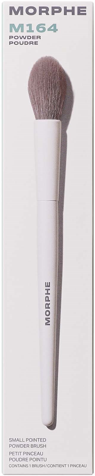 A makeup brush with a white handle and soft pink bristles, labeled Morphe M164 Powder. Small pointed brush for makeup.