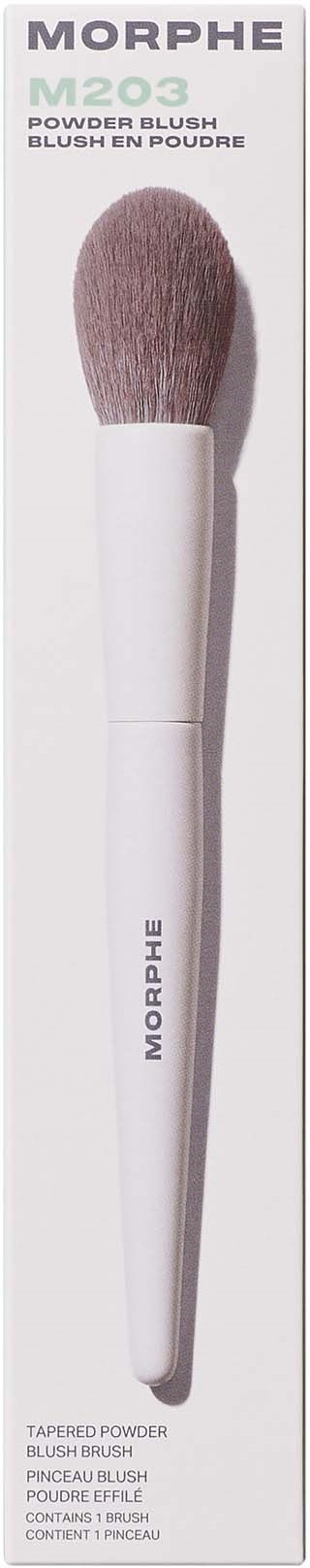A white makeup brush with soft pink bristles in packaging labeled Morphe M403 Powder Blush.