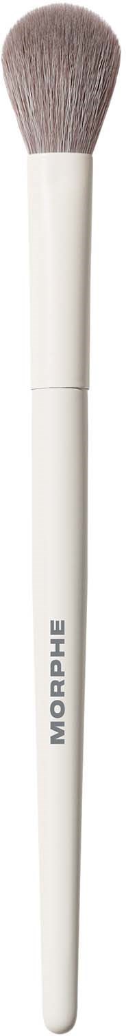 A white and gray makeup brush with a rounded top and the word MORPHE on the handle.
