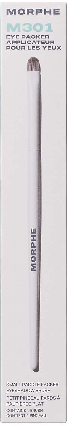 A white eye makeup brush in a box labeled Morphe M301 Eye Packer. Small and slim. Designed for precise application.