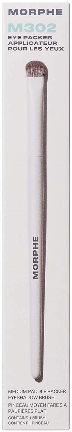 A long, white makeup brush in packaging with text, labeled as Morphe M302 eyeshadow brush.
