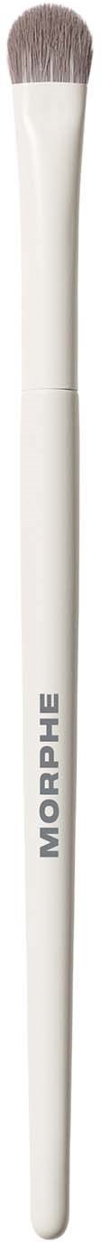 A white makeup brush with soft bristles and the brand name Morphe on it.
