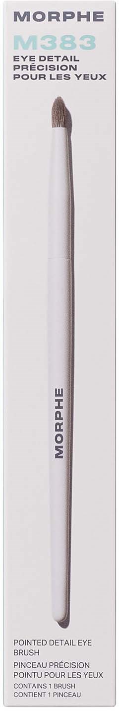 A long, slim pointed brush with white handle and black tip for detailed eye makeup.