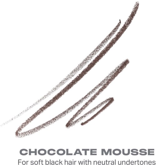 En logo med tre svepande bruna linjer och orden Chocolate Mousse för mjukt svart hår med neutrala undertoner.