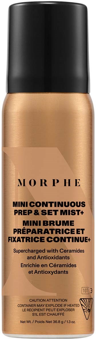 En guldfärgad flaska med svart lock märkt Morphe Mini Continuous Prep and Set Mist, berikad med ceramider och antioxidanter.
