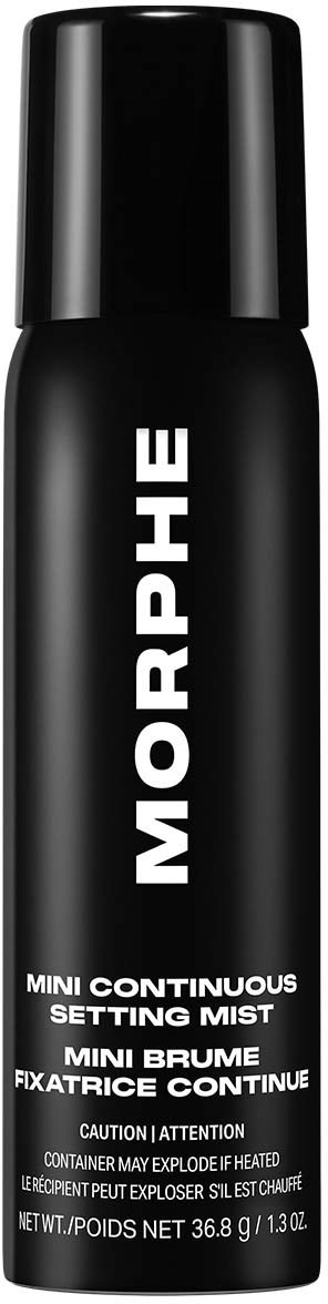 Svart sprayflaska märkt Morphe med vit text, används för att fixera smink.